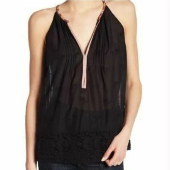 Joie Eniko Black Pintuck Crochet V Neck Tank Size Large - Picture 1 of 7